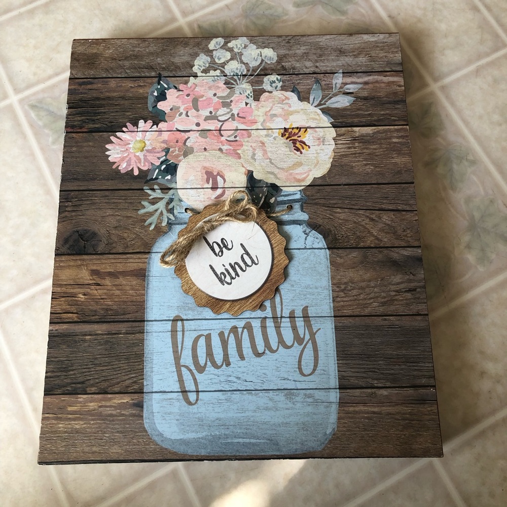 Blue Mason Jar with floral Arrangement Family Sign